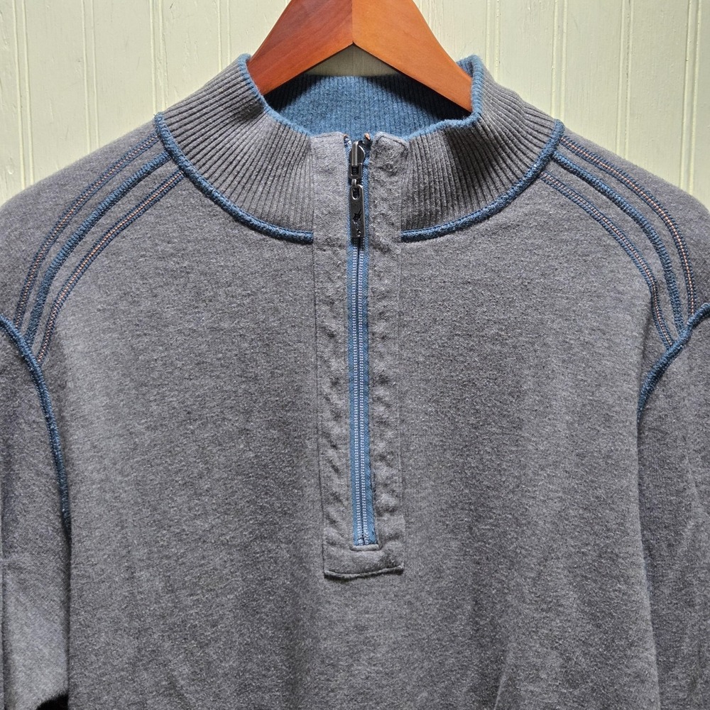 Tommy Bahama Sweater Mens Large Blue Reversible Quarter Zip Mock Neck Pullover